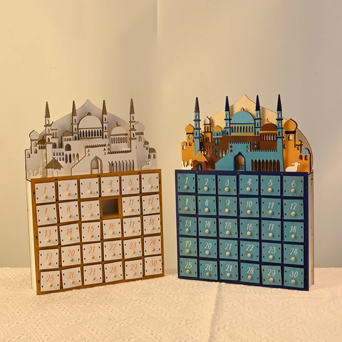 Calendario dell'Avvento in Legno Ramadan 30 Giorni Conto alla Rovescia Cassetti Luce LED Architettura Moschea Regali Musulmani