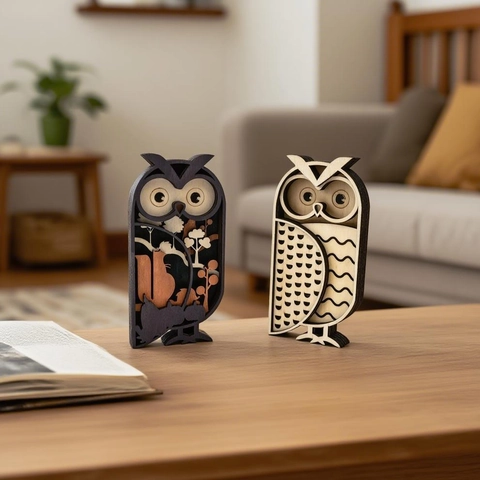 3D Mehrschichtig Hohl Geschnitzte Holz Eule Statue Waldlandschaft Desktop Ornament Für Home Office Dekor Kreatives Geschenk