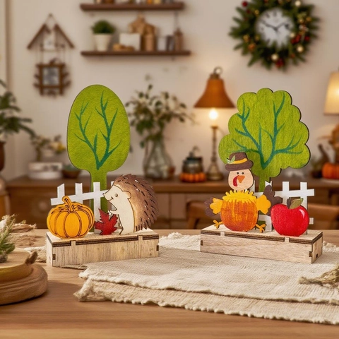 Thanksgiving Tabletop Wood Decoration Autumn Harvest Hedgehog Pumpkin Turkey Wooden Table Ornaments For Home Office Harvest Festival Decor