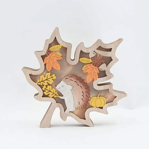Decorazione da Tavolo LED in Legno Autunnale Zucca Foglia di Acero Intagliato Riccio Foresta Ornamento per Giorno del Ringraziamento