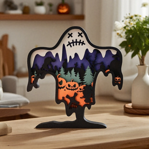 Halloween Multi-Layered Wooden Ghost Pumpkin Ornament Laser Cut 3D Wood Carving Sculpture For Home Desktop Decor Festive Gift