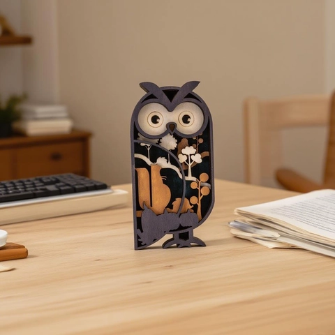 3D Mehrschichtig Hohl Geschnitzte Holz Eule Statue Waldlandschaft Desktop Ornament Für Home Office Dekor Kreatives Geschenk