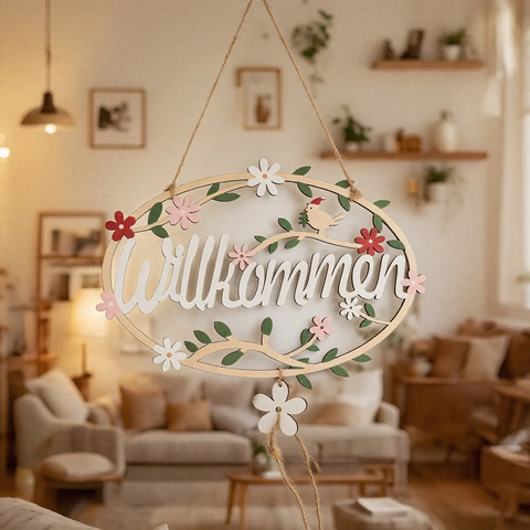 Willkommen Letrero de Bienvenida Decoración de Pared de Madera Con Flores Pájaro Para Hogar Oficina Adorno de Madera Pintada
