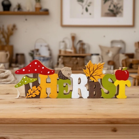Herbst Décoration de Table en Bois d'Automne Action de Grâce Citrouille Champignon Feuille d'Érable Gland Lettre Ornement