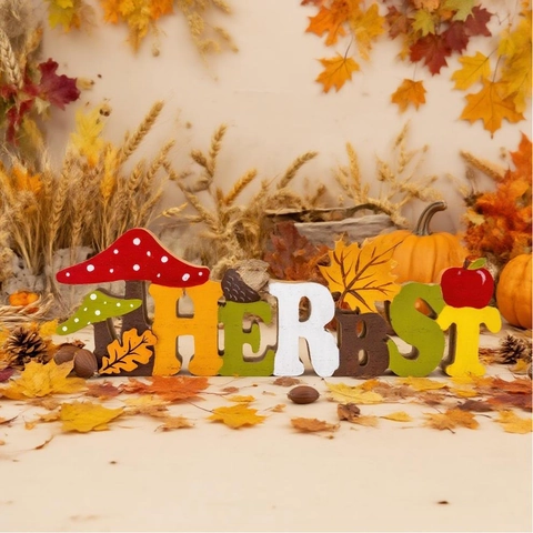 Herbst Décoration de Table en Bois d'Automne Action de Grâce Citrouille Champignon Feuille d'Érable Gland Lettre Ornement