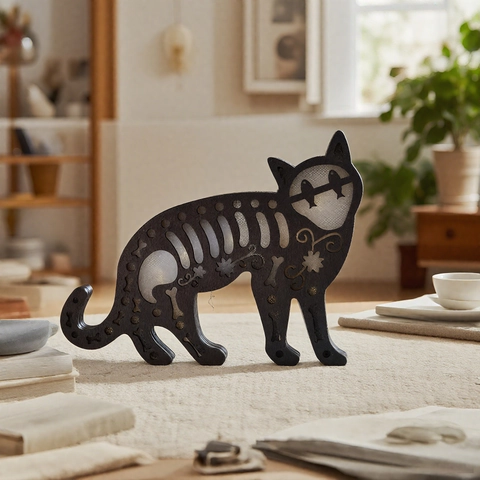 Halloween Holz Katze Skelett LED Ornament Buchsbaum Hohl Heraus Desktop Dekor Für Party Heim Büro Spukhaus Dekoration