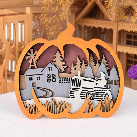 Ornement Citrouille en Bois Sculpture Scène de Ferme Multicouche Décoration de Table pour Thanksgiving Halloween Maison