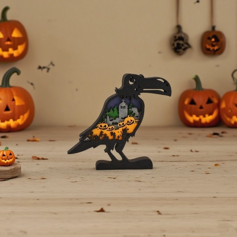 Halloween Multilayer Wood Crow Shadow Box Ornament With Pumpkin Tombstone Pattern Festive Home Tabletop Decoration Sculpture