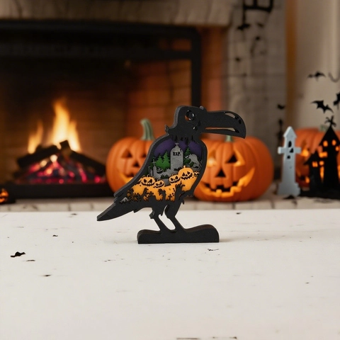 Halloween Multilayer Wood Crow Shadow Box Ornament With Pumpkin Tombstone Pattern Festive Home Tabletop Decoration Sculpture