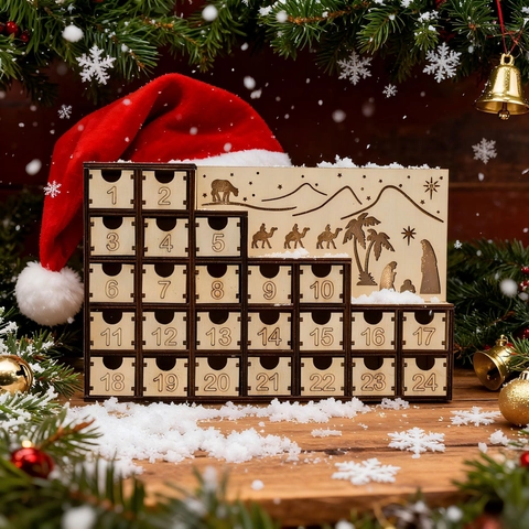 Calendrier de l'Avent de Noël en Bois LED Lumineux Scène de Nativité Compte à Rebours Armoire Ornement de Table Fête