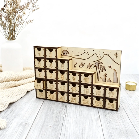 Calendrier de l'Avent de Noël en Bois LED Lumineux Scène de Nativité Compte à Rebours Armoire Ornement de Table Fête