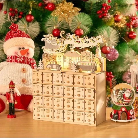 LED Wood Christmas Advent Calendar 24 Day Countdown Decoration With Drawers And Warm Light For Holiday Home Decor Gift