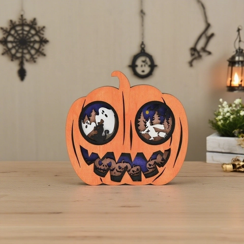 Décoration de Citrouille en Bois d'Halloween 3D Multi-couches Creuse Sculptée Fantôme Sorcière Motif Sculpture Pour Maison Fête