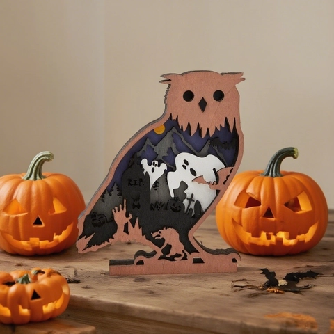 Ornement de Hibou en Bois d'Halloween Multi-Couches Sculpture Laser 3D Avec Motif de Fantôme Pierre Tombale Décoration Bureau