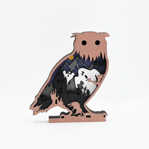 Ornement de Hibou en Bois d'Halloween Multi-Couches Sculpture Laser 3D Avec Motif de Fantôme Pierre Tombale Décoration Bureau