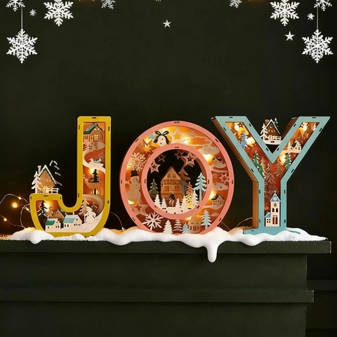Weihnachten Holz JOY Buchstaben Leuchtende Ornamente LED Warmes Licht Winter Wald Dorf Szene Schreibtisch Deko Geschenk