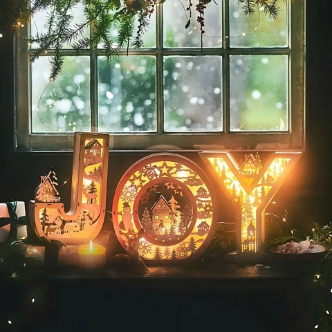Weihnachten Holz JOY Buchstaben Leuchtende Ornamente LED Warmes Licht Winter Wald Dorf Szene Schreibtisch Deko Geschenk