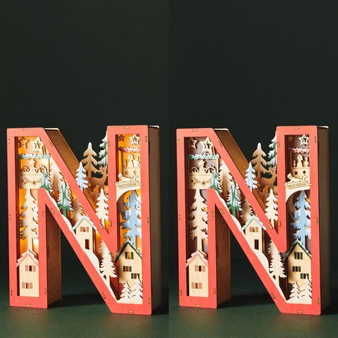 Christmas Wooden LED NOEL Letter Ornament Set Multilayer Hollow Out Winter Village Scene Festive Home Decor Night Light