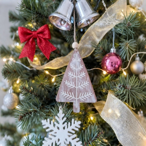 Vintage Holz Weihnachtsbaum Hängende Dekoration Nordisch Distressed Schneeflocke Muster Feiertag Haus Weihnachten Schmuck