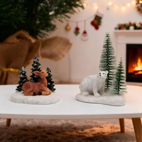 Weihnachten Miniatur Harz Ornament Eisbär Rentier Kiefer Schnee Basis Glitzer Festliche Heim Desktop Dekorative Skulptur