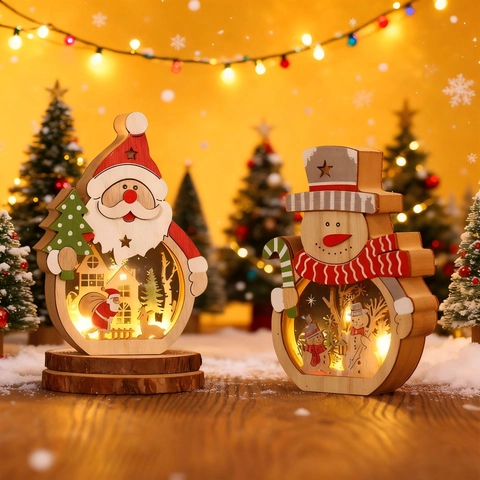 Hölzerner Weihnachts LED Licht Weihnachtsmann Schneemann Ornament Hohle Schnitzerei Tischdekoration Für Zuhause Büro