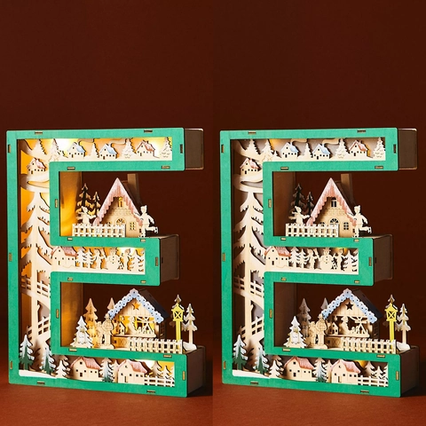 Hölzernes MERRY LED Buchstabenschild 3D Hohl Laserschnitt Weihnachtsdorf Szene Tischschmuck Nachtlicht Wohndekor Geschenk