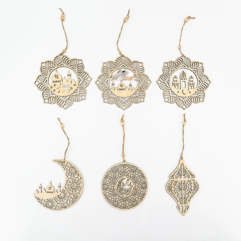 Eid Mubarak Adorno Colgante de Madera Corte Láser Mezquita Luna Estrella Mandala Ramadán Decoración de Pared Artesanal
