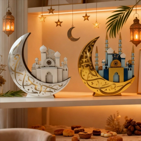 Ornamento in Legno per Ramadan Eid Mubarak Luna Moschea Con Luce LED Silhouette Moschea Decorazione da Tavolo per Festa Musulmana Casa