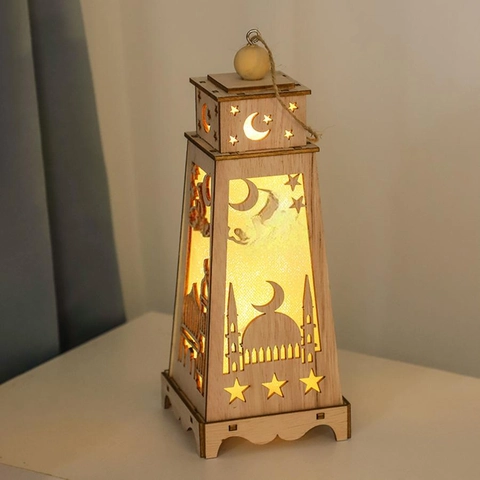 Ramadan Eid Holz Hohl LED Laterne Ornament Mit Moschee Mond Stern Muster Für Muslimische Haus Deko Hängelicht Geschenk