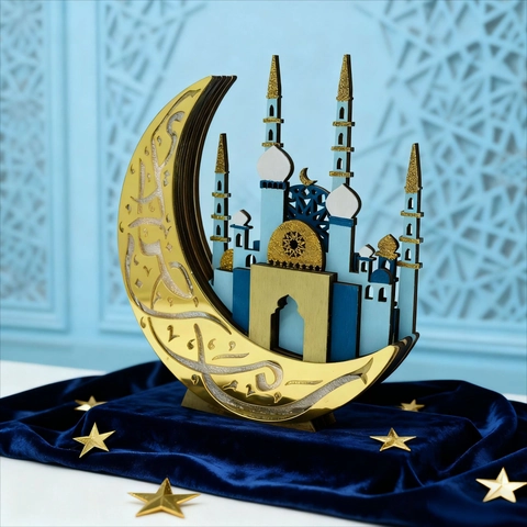 Ornamento in Legno per Ramadan Eid Mubarak Luna Moschea Con Luce LED Silhouette Moschea Decorazione da Tavolo per Festa Musulmana Casa