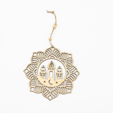 Eid Mubarak Adorno Colgante de Madera Corte Láser Mezquita Luna Estrella Mandala Ramadán Decoración de Pared Artesanal