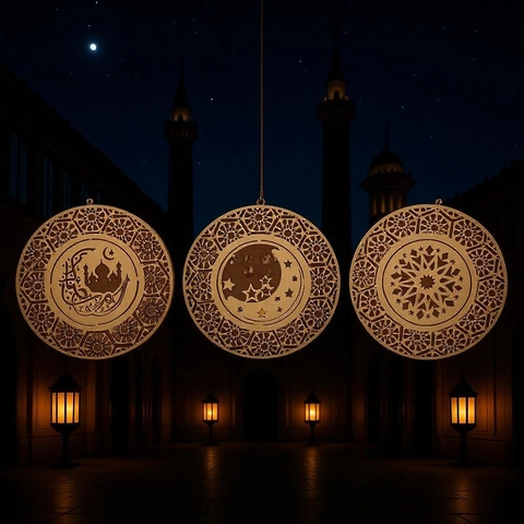 Buchsbaum Ramadan Zuckerfest LED Hängende Dekoration Laser Geschnitten Moschee Mond Stern Rundes Licht Für Muslimische Party Haus Wand Dekor
