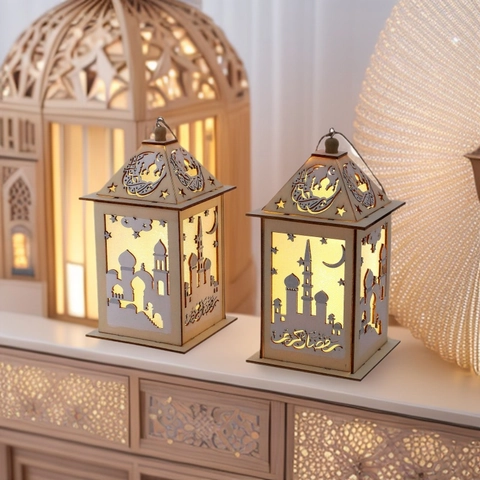 Lanterna in Legno Ramadan Islamico Luce LED Moschea Luna Stella Traforata Ciondolo Eid Mubarak Ornamento Festa Decorazione Casa