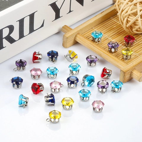 Round Stainless Steel Faceted Glass Gemstone Pendant Only (Without Chain) For DIY Jewelry Making Findings Women Accessory