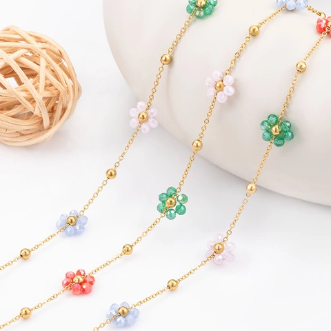 Stainless Steel Colorful Crystal Flower Chain Gold Plated Beads For DIY Necklace Bracelet Handmade Jewelry Making Accessory