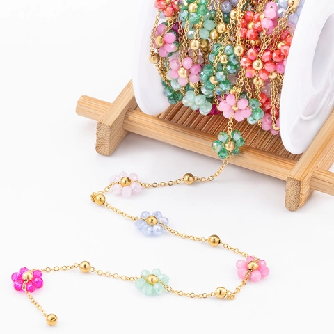 Stainless Steel Colorful Crystal Flower Chain Gold Plated Beads For DIY Necklace Bracelet Handmade Jewelry Making Accessory