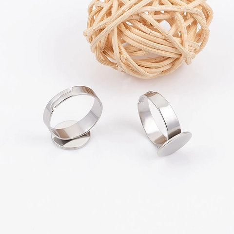 Stainless Steel Round Flat Base Ring Setting Adjustable Open Ring Blank For DIY Jewelry Making Findings Tray Silver Accessory