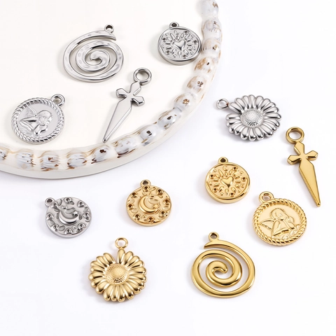 Stainless Steel DIY Pendants For Jewelry Making Angel Heart Moon Daisy Spiral Shape Gold Silver Plated Necklaces Bracelets Accessories