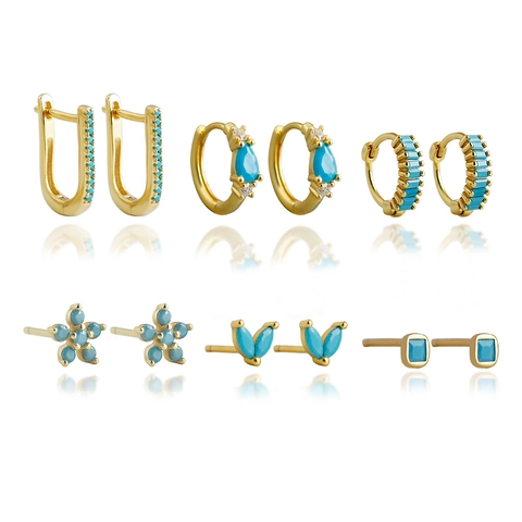 925 Sterling Silver Turquoise Zirconia Earrings Collection Geometric Flower Leaf Stud Huggie Hoop Earrings For Women Jewelry