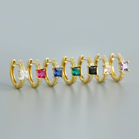 925 Sterling Silver Geometric Hoop Earrings Square Zirconia Inlaid Gold Platinum Plated Fashion Commuter Women Jewelry