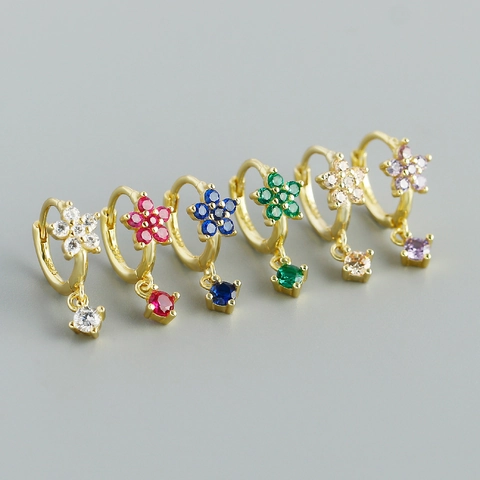 S925 Sterling Silver Flower Pendant Huggie Earrings For Women Gold Plated Colorful Zirconia Floral Dangle Earrings Fashion Jewelry