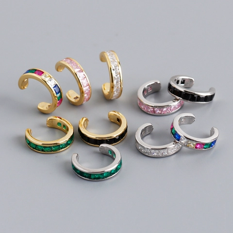 S925 Sterling Silver Ear Cuffs For Women Gold Silver Plated Square Colorful Zirconia No Piercing Clip On Minimalist Jewelry