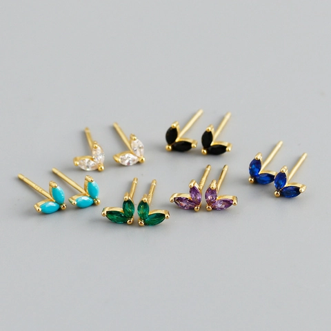 925 Sterling Silver Leaf Stud Earrings Marquise Cut Multicolored Zirconia Tiny Marquise Branch Earrings For Women Jewelry