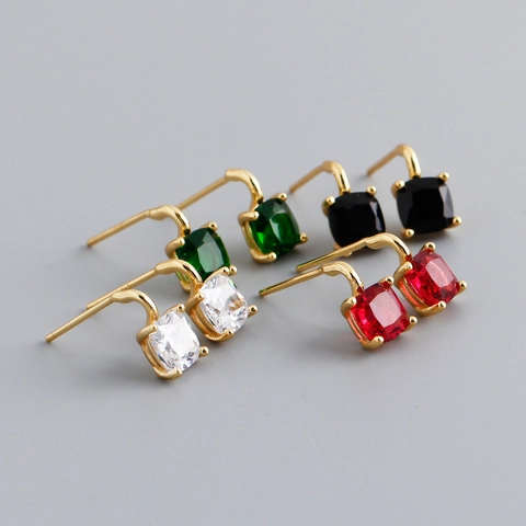 925 Sterling Silver Earring Post Square Colorful Zirconia Stud Earrings For Women Light Luxury Gold Silver Geometric Jewelry