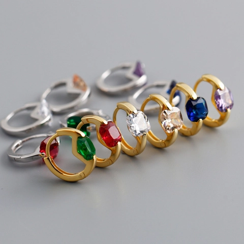 925 Sterling Silver Huggie Hoop Earrings For Women Colorful Square Zirconia Geometric Fashion Jewelry Minimalist Earrings