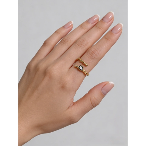 925 Sterlingsilber Unregelmäßige Textur Offener Ring Für Damen Minimalistisch Birnenform Schwarz Zirkonia Verstellbar Mode Fingerring