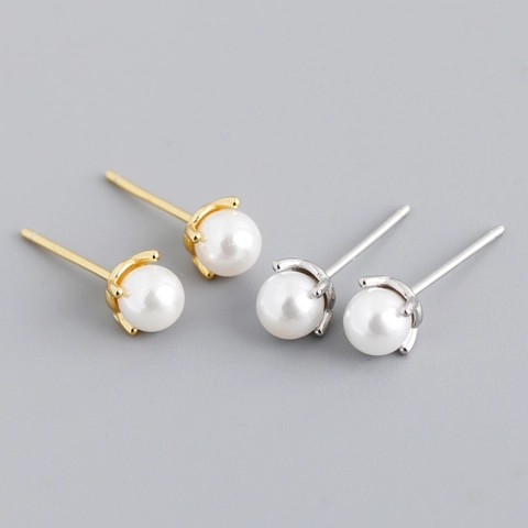 S925 Sterling Silver Earring Post Minimalist Round Imitation Artificial Pearl Stud Earrings Gold Silver Plated Fashion Women Jewelry
