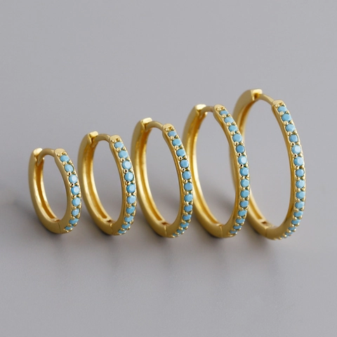 925 Sterling Silver Turquoise Color Zirconia Hoop Earrings For Women European Fashion Round Circle Gold Silver Earrings Jewelry Gift