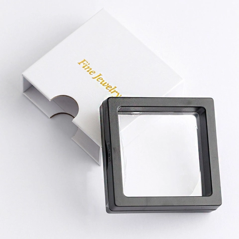 Joyero Flotante Minimalista Con Película de PE Estuche de Cartón Blanco Caja de Embalaje Pantalla Cuadrada para Anillo