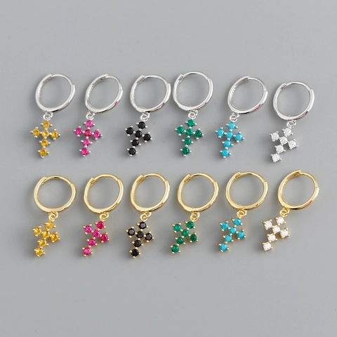 925 Sterling Silver Cross Hoop Earrings With Colorful Zirconia Inlaid Gold Platinum Plated French Style Dangle Jewelry For Women